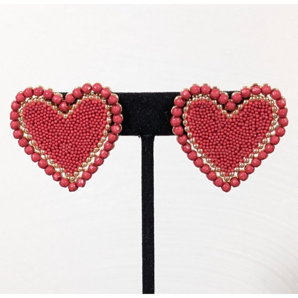 Red Beaded Heart Earrings Bold Statement Gold Tone Valentines‎ Love